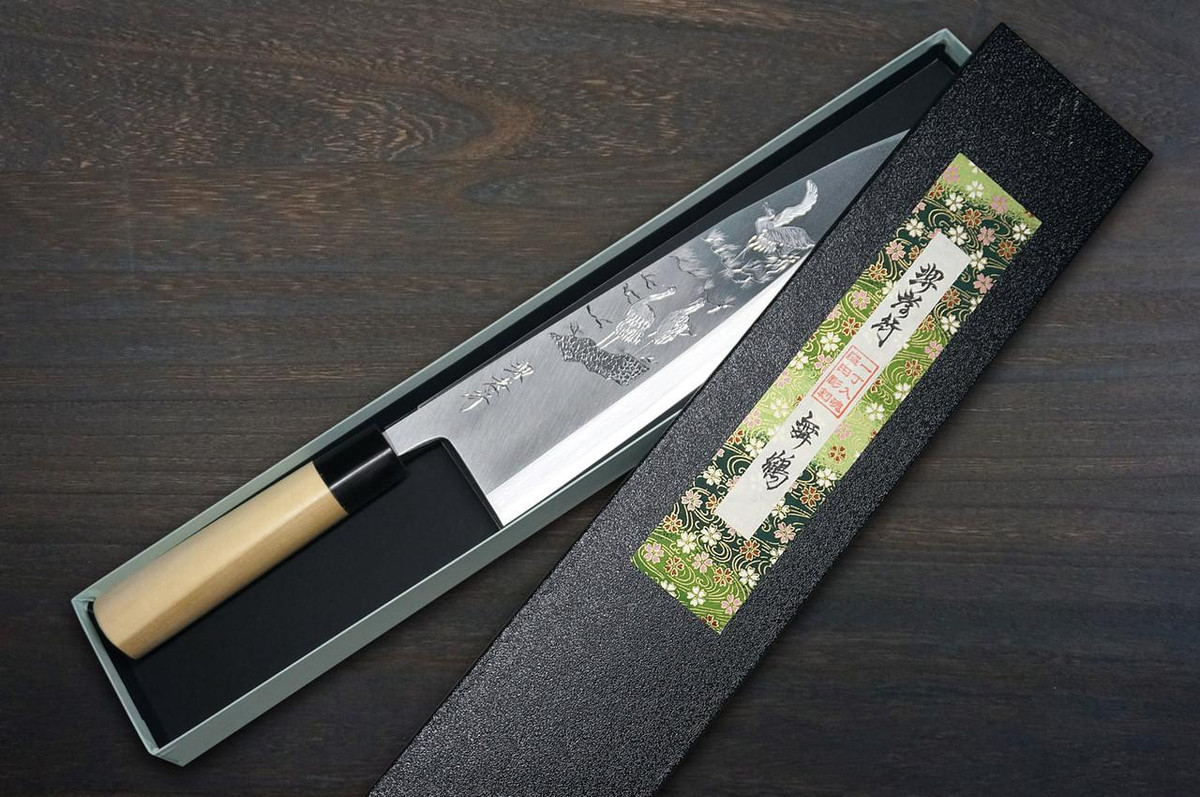 Sakai Takayuki Kasumitogi Buffalo Tsuba Engraving Art Japanese Chef's Deba Knife 210mm Maizuru(Japanese Crane) 