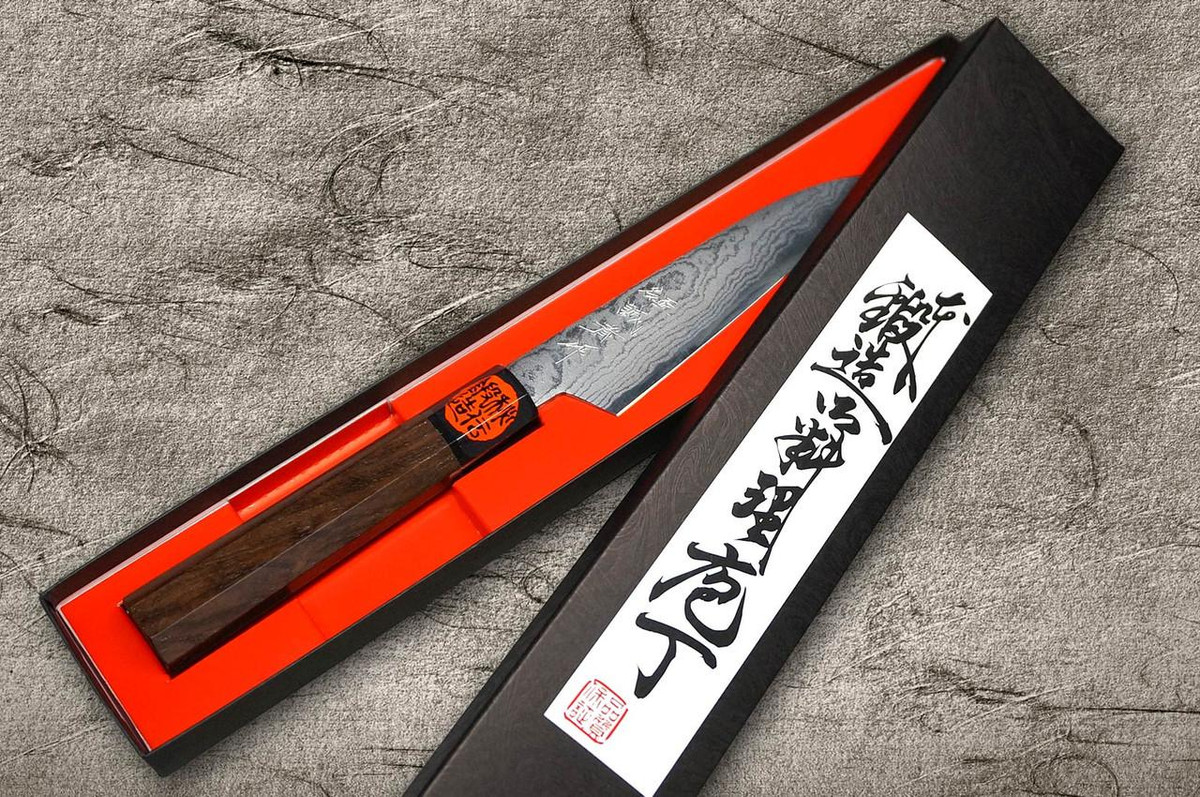 Shigeki Tanaka Aogami No.2 Damascus WN Japanese Chef's Petty Knife(Utility) 120mm with Walnut Handle 