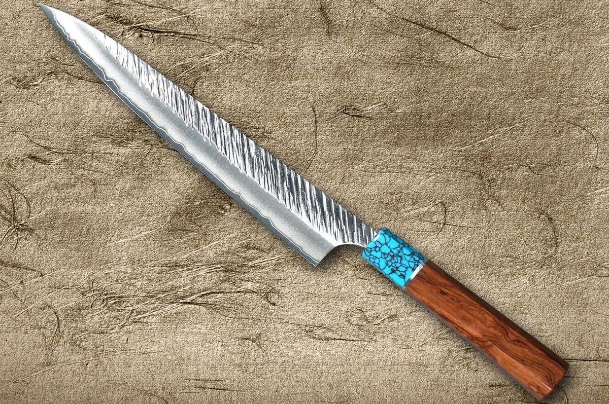 Yu Kurosaki SPG2 Clad FUJIN WA RSTCA Japanese Chef's Slicer(Sujihiki) 270mm with Blue Turquoise & Rosewood Handle 