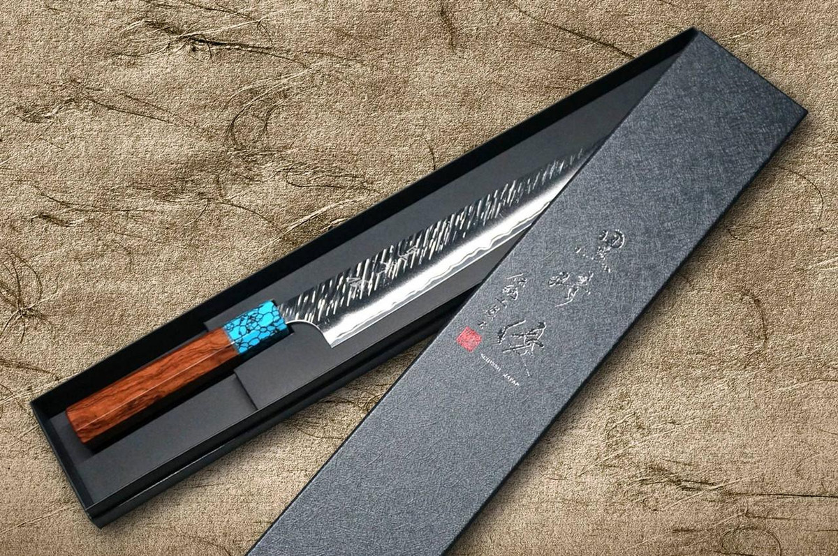 Yu Kurosaki SPG2 Clad FUJIN WA RSTCA Japanese Chef's Slicer(Sujihiki) 270mm with Blue Turquoise & Rosewood Handle 