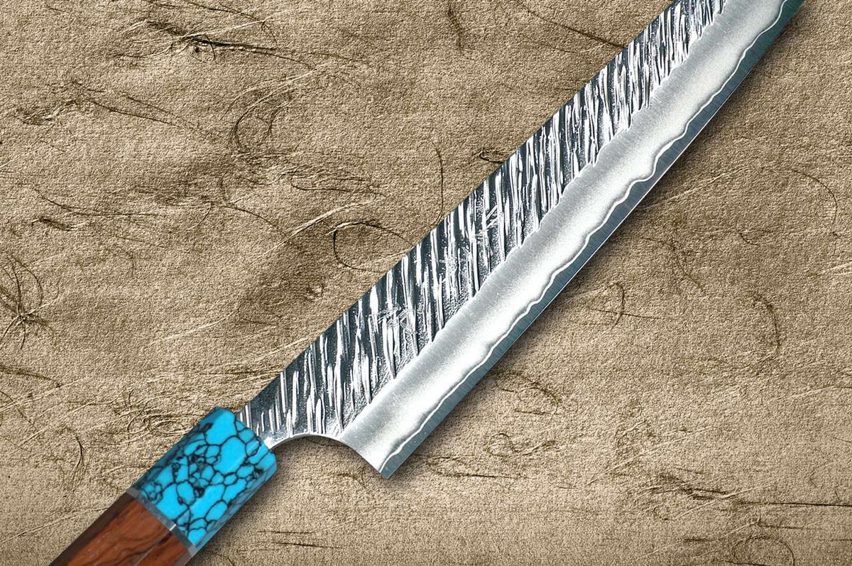 Yu Kurosaki SPG2 Clad FUJIN WA RSTCA Japanese Chef's Slicer(Sujihiki) 240mm with Blue Turquoise & Rosewood Handle 