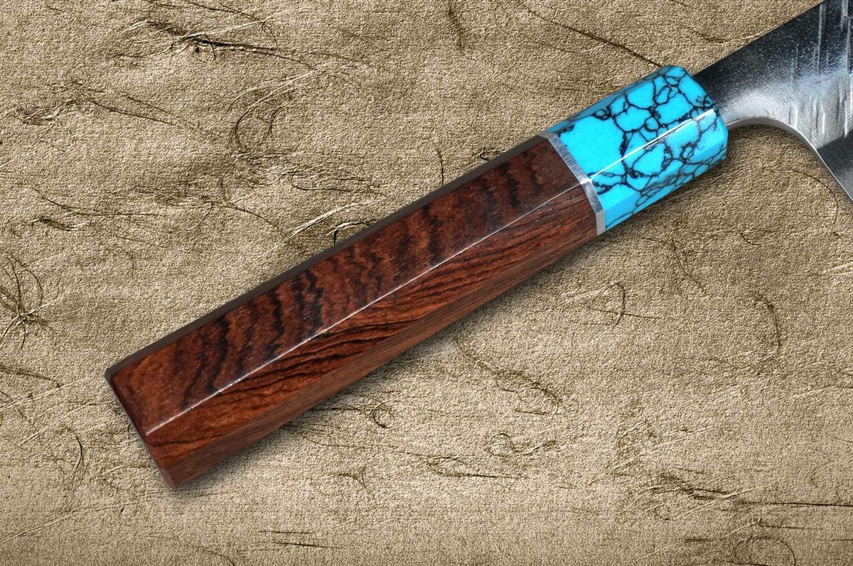 Yu Kurosaki SPG2 Clad FUJIN WA RSTCA Japanese Chef's Gyuto Knife 240mm with Blue Turquoise & Rosewood Handle 