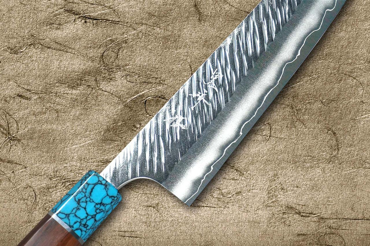 Yu Kurosaki SPG2 Clad FUJIN WA RSTCA Japanese Chef's Gyuto Knife 240mm with Blue Turquoise & Rosewood Handle 