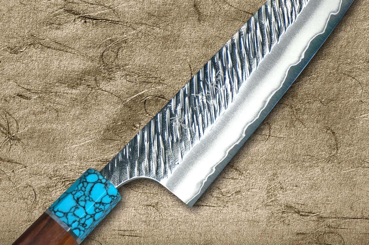 Yu Kurosaki SPG2 Clad FUJIN WA RSTCA Japanese Chef's Gyuto Knife 240mm with Blue Turquoise & Rosewood Handle 