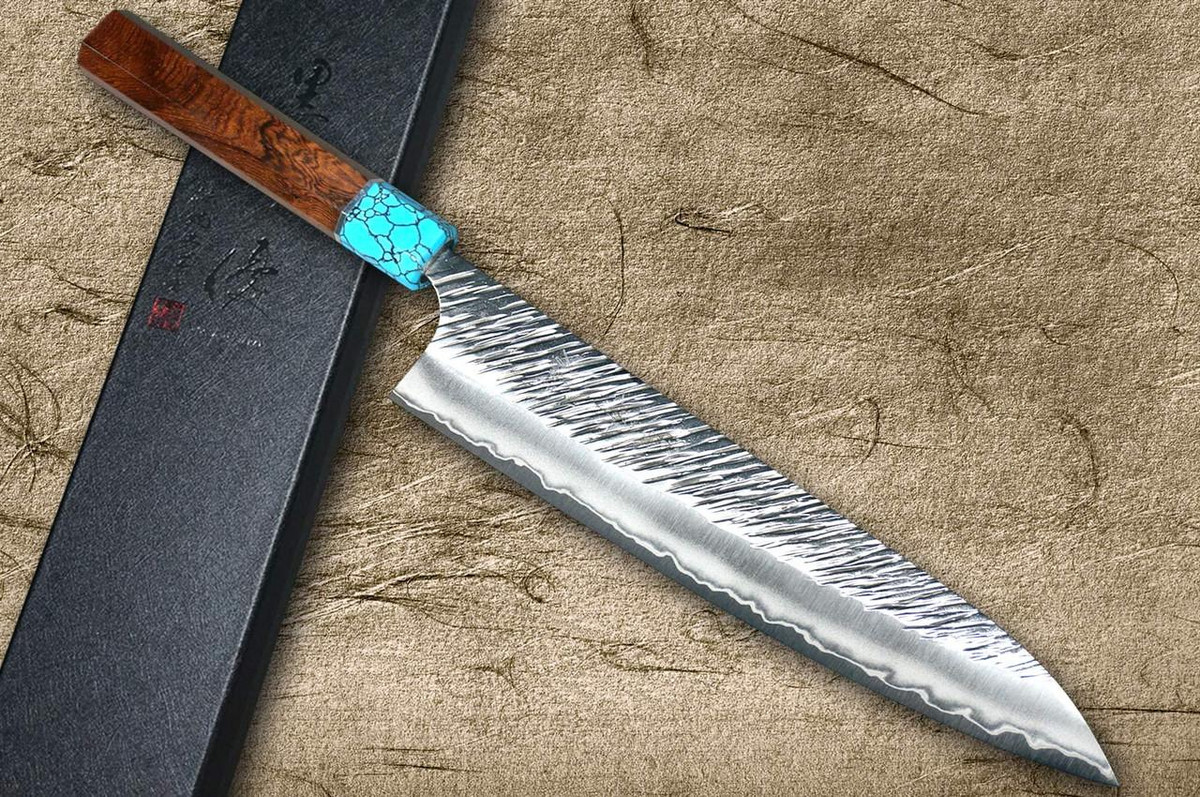 Yu Kurosaki SPG2 Clad FUJIN WA RSTCA Japanese Chef's Gyuto Knife 240mm with Blue Turquoise & Rosewood Handle 