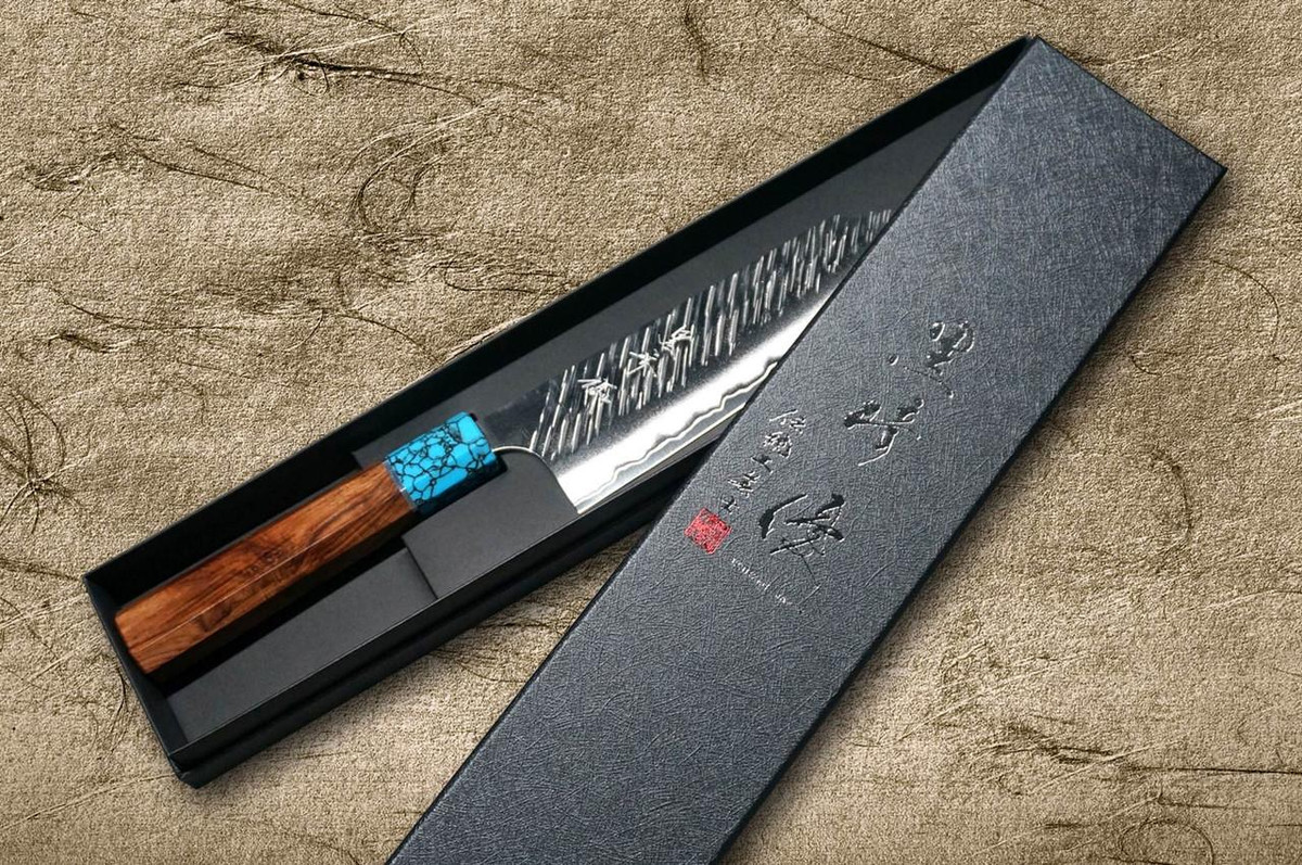 Yu Kurosaki SPG2 Clad FUJIN WA RSTCA Japanese Chef's Bunka Knife 165mm with Blue Turquoise & Rosewood Handle 