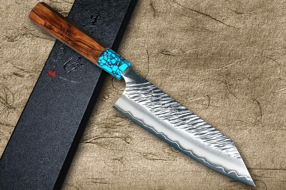 Yu Kurosaki SPG2 Clad FUJIN WA RSTCA Japanese Chef's Bunka Knife 165mm with Blue Turquoise & Rosewood Handle 