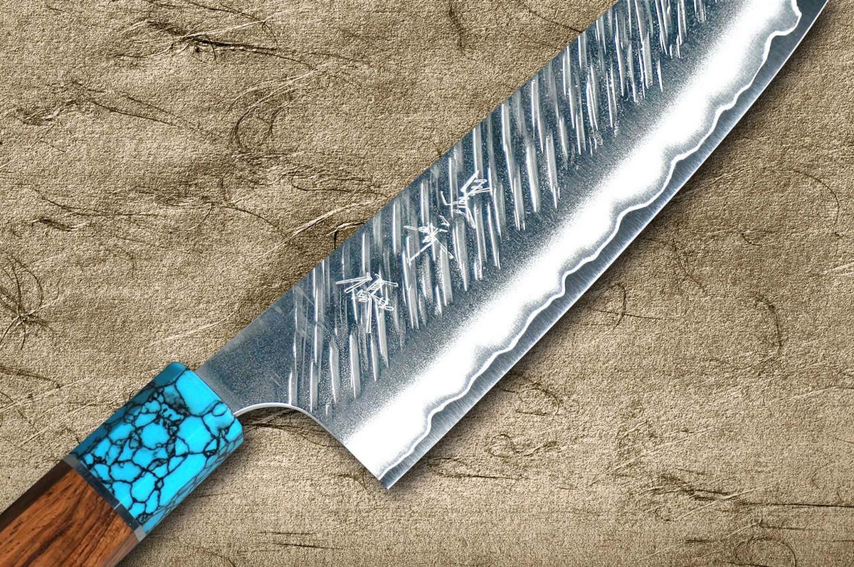 Yu Kurosaki SPG2 Clad FUJIN WA RSTCA Japanese Chef's Bunka Knife 165mm with Blue Turquoise & Rosewood Handle 