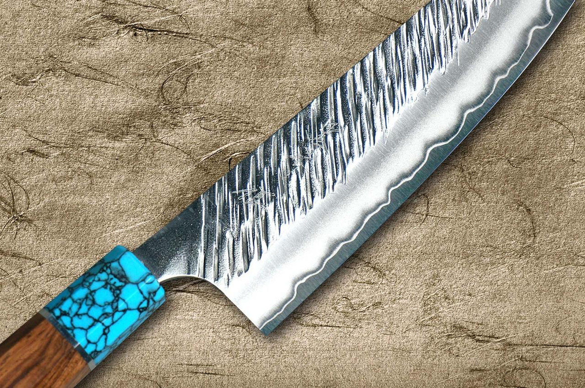 Yu Kurosaki SPG2 Clad FUJIN WA RSTCA Japanese Chef's Bunka Knife 165mm with Blue Turquoise & Rosewood Handle 