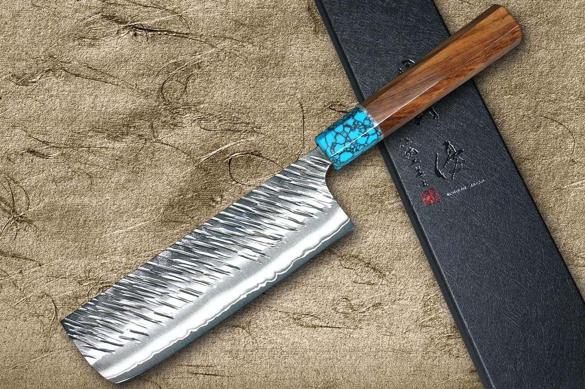 Yu Kurosaki SPG2 Clad FUJIN WA RSTCA Japanese Chef's Nakiri(Vegetable) 165mm with Blue Turquoise & Rosewood Handle 