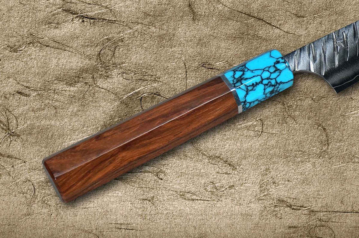Yu Kurosaki SPG2 Clad FUJIN WA RSTCA Japanese Chef's Petty Knife(Utility) 120mm with Blue Turquoise & Rosewood Handle 