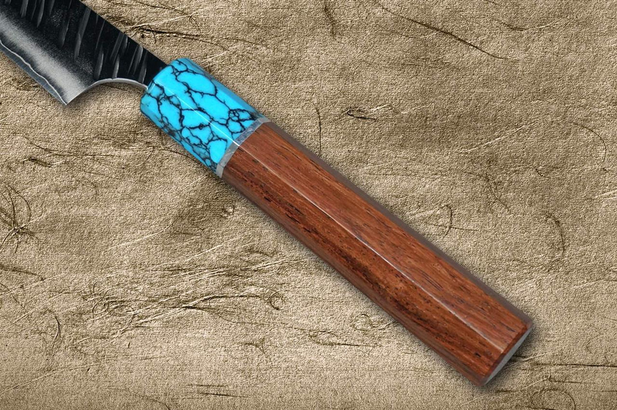 Yu Kurosaki SPG2 Clad FUJIN WA RSTCA Japanese Chef's Petty Knife(Utility) 120mm with Blue Turquoise & Rosewood Handle 