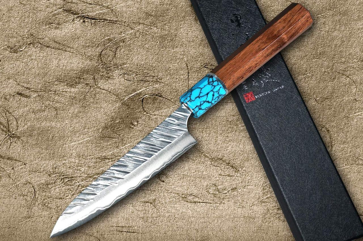Yu Kurosaki SPG2 Clad FUJIN WA RSTCA Japanese Chef's Petty Knife(Utility) 120mm with Blue Turquoise & Rosewood Handle 