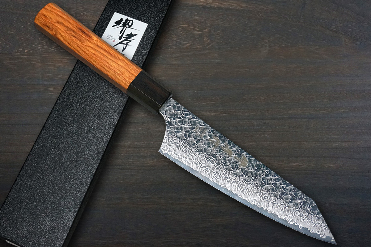 Sakai Takayuki SPG2 Damascus Hammered WA Japanese Chef's Kengata-Santoku Knife 160mm with Black-Ring Octagonal Rosewood Handle