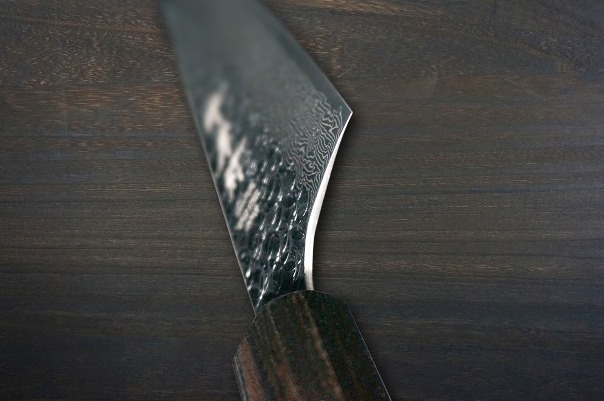Sakai Takayuki SPG2 Damascus Hammered WA Japanese Chef's Kengata-Santoku Knife 160mm with Black-Ring Octagonal Rosewood Handle