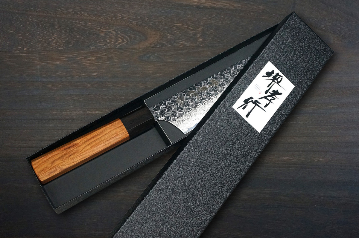 Sakai Takayuki SPG2 Damascus Hammered WA Japanese Chef's Kengata-Santoku Knife 160mm with Black-Ring Octagonal Rosewood Handle
