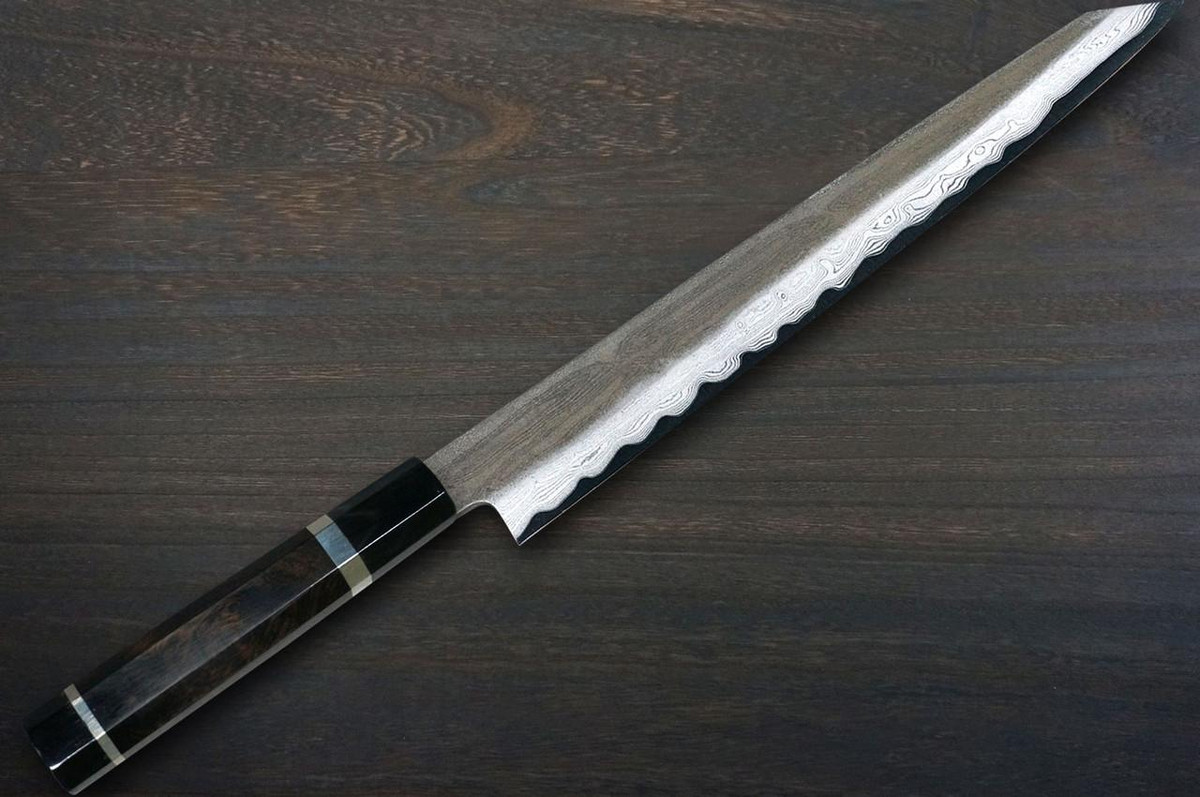 Satoshi Nakagawa Aogami#1 Damascus Kurouchi EBBFB2 Japanese Chef's Kiritsuke-Slicer(Sujihiki) 240mm with Double Buffalo Ringed Ebony Handle 