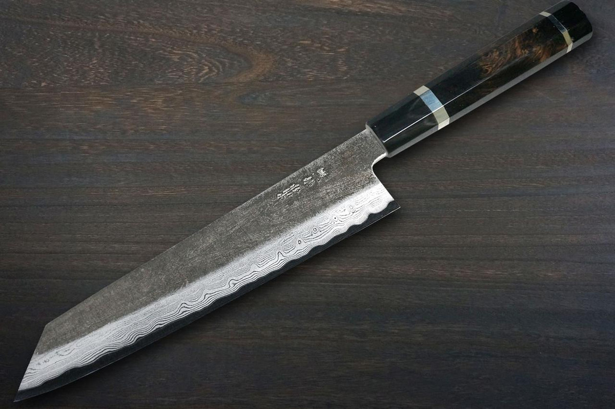 Satoshi Nakagawa Aogami#1 Damascus Kurouchi EBBFB2 Japanese Chef's Kiritsuke-Gyuto Knife 240mm with Double Buffalo Ringed Ebony Handle 