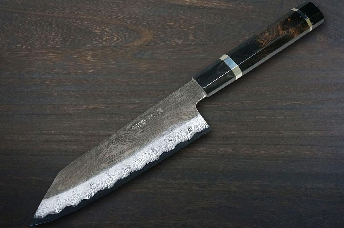 Satoshi Nakagawa Aogami#1 Damascus Kurouchi EBBFB2 Japanese Chef's Bunka Knife 170mm with Double Buffalo Ringed Ebony Handle 