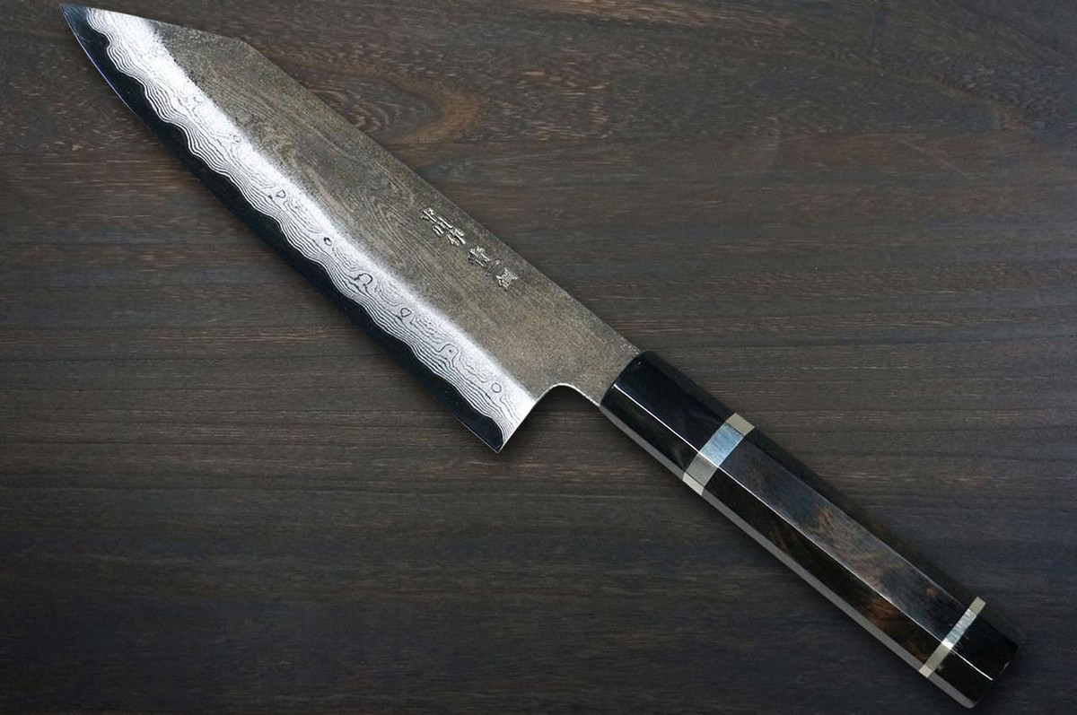 Satoshi Nakagawa Aogami#1 Damascus Kurouchi EBBFB2 Japanese Chef's Bunka Knife 170mm with Double Buffalo Ringed Ebony Handle 