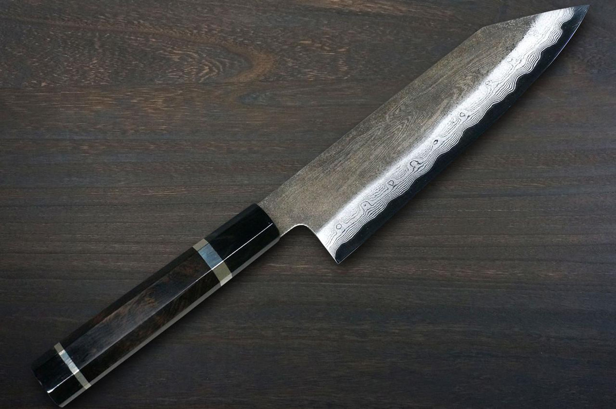 Satoshi Nakagawa Aogami#1 Damascus Kurouchi EBBFB2 Japanese Chef's Bunka Knife 170mm with Double Buffalo Ringed Ebony Handle 