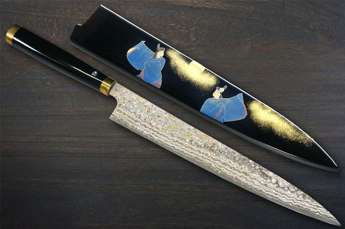 Takeshi Saji Makie-Art VG10W Colored Damascus Japanese Chef's Slicer(Sujihiki) 270mm with Urushi Lacquered Saya and Handle [Takekawa] MURASAKI SHIKIBU 1000th Anniversary 