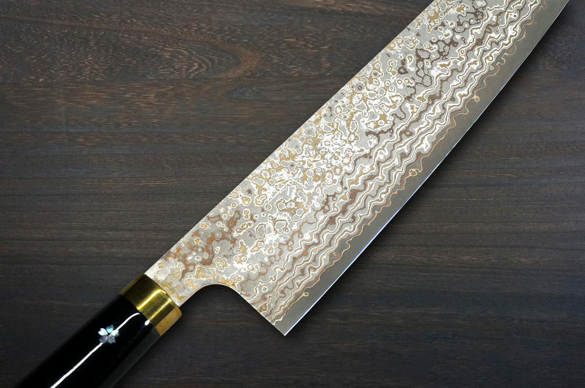 Takeshi Saji Makie-Art VG10W Colored Damascus Japanese Chef's Gyuto Knife 210mm with Urushi Lacquered Saya and Handle [Sakaki] MURASAKI SHIKIBU 1000th Anniversary 