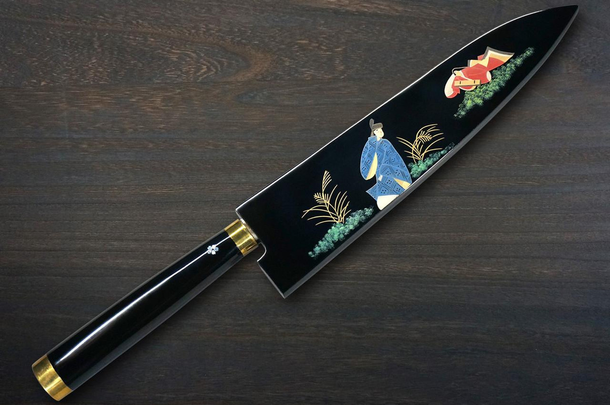 Takeshi Saji Makie-Art VG10W Colored Damascus Japanese Chef's Gyuto Knife 210mm with Urushi Lacquered Saya and Handle [Sakaki] MURASAKI SHIKIBU 1000th Anniversary 