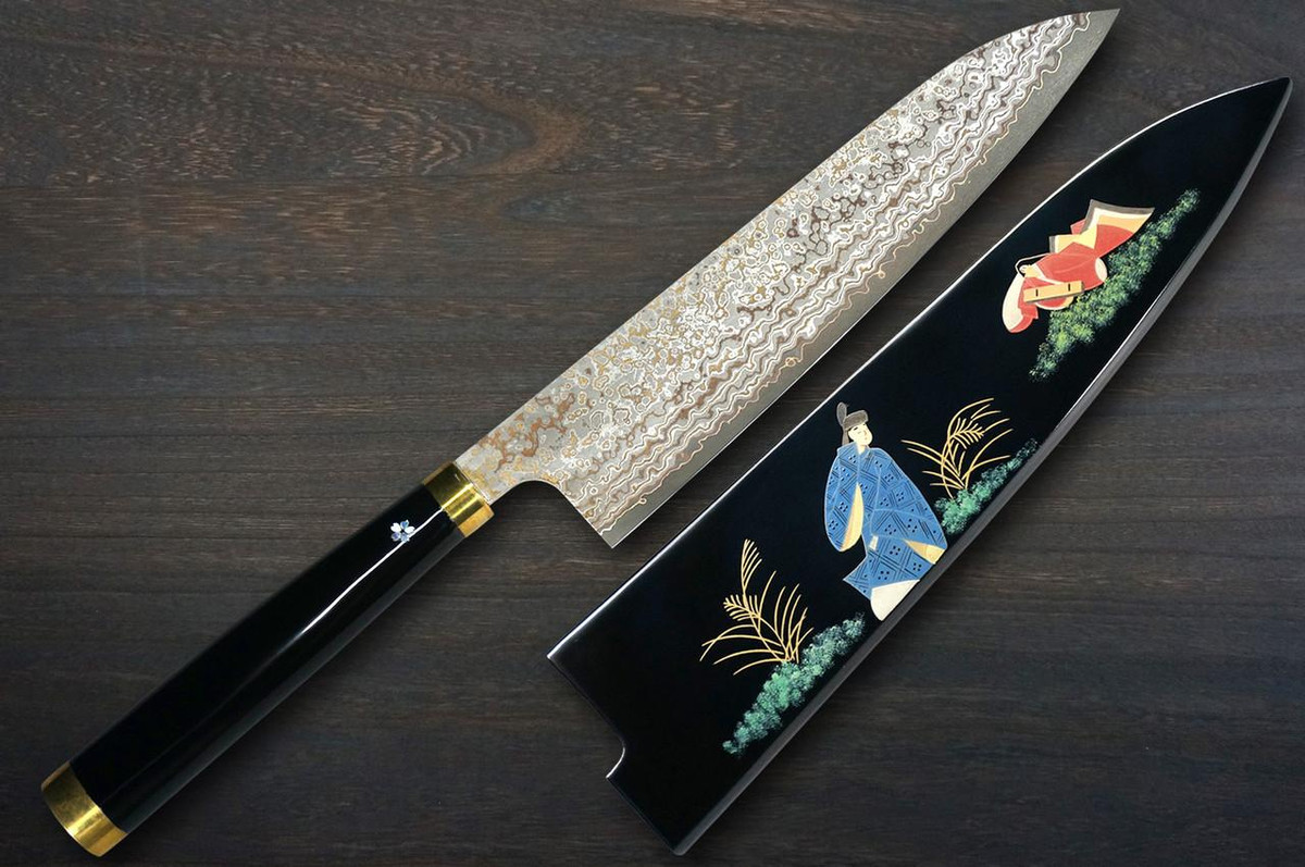 Takeshi Saji Makie-Art VG10W Colored Damascus Japanese Chef's Gyuto Knife 210mm with Urushi Lacquered Saya and Handle [Sakaki] MURASAKI SHIKIBU 1000th Anniversary 