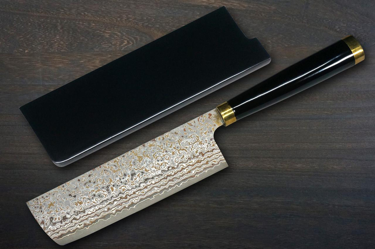Takeshi Saji Makie-Art VG10W Colored Damascus Japanese Chef's Nakiri(Vegetable) 170mm with Urushi Lacquered Saya and Handle [Tokonatsu] MURASAKI SHIKIBU 1000th Anniversary 