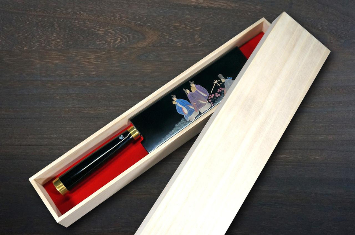 Takeshi Saji Makie-Art VG10W Colored Damascus Japanese Chef's Nakiri(Vegetable) 170mm with Urushi Lacquered Saya and Handle [Tokonatsu] MURASAKI SHIKIBU 1000th Anniversary 