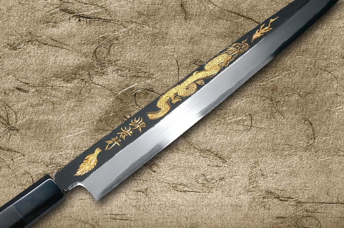 Sakai Takayuki White Steel Kurouchi Gold-Engraving Art Japanese Chef's Yanagiba(Sashimi) 300mm with Ebony Handle [Shoryu (Rising Dragon)] 