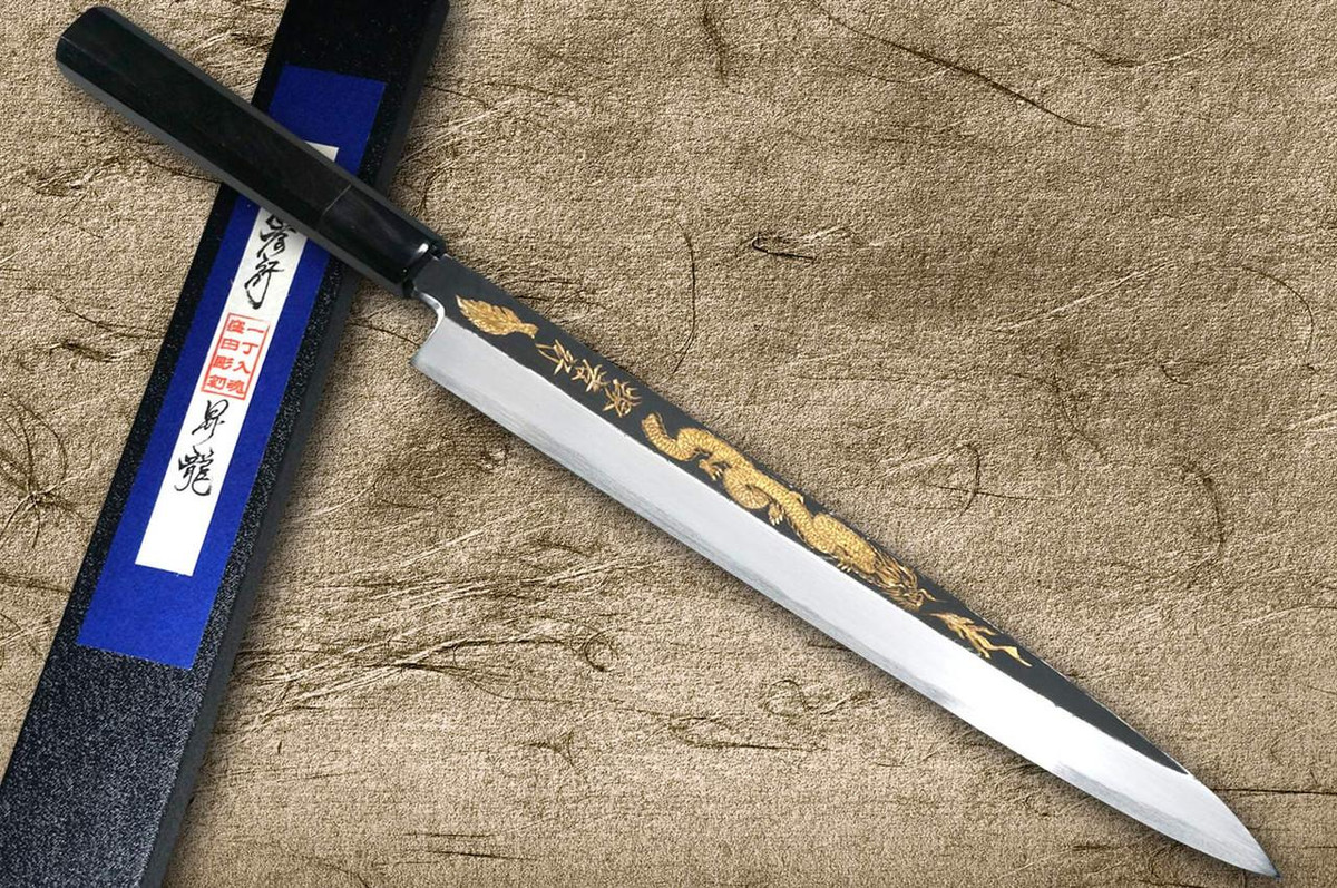 Sakai Takayuki White Steel Kurouchi Gold-Engraving Art Japanese Chef's Yanagiba(Sashimi) 300mm with Ebony Handle [Shoryu (Rising Dragon)] 