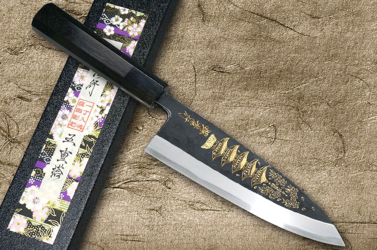 Sakai Takayuki White Steel Kurouchi Gold-Engraving Art Japanese Chef's Deba Knife 180mm with Ebony Handle [Goju-no-Tou (Five-Story Pagoda)] 