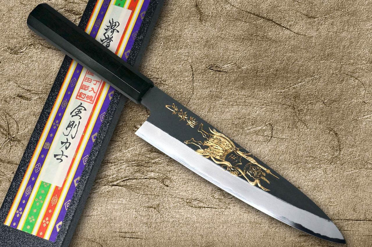 Sakai Takayuki White Steel Kurouchi Gold-Engraving Art Japanese Chef's Gyuto Knife 210mm with Ebony Handle [Kongo-Rikishi (Guardian God)] 