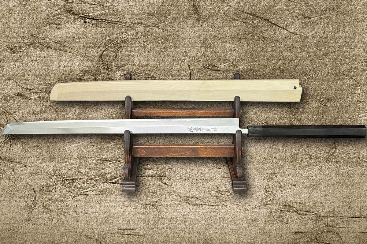 Sakai Takayuki Tuna Maguro Bocho EBBF Japanese Chef's Tuna-Kiri 540mm Tokujyo Supreme (White 2 steel) with Water Buffalo Ebony Handle and Saya Sheath 