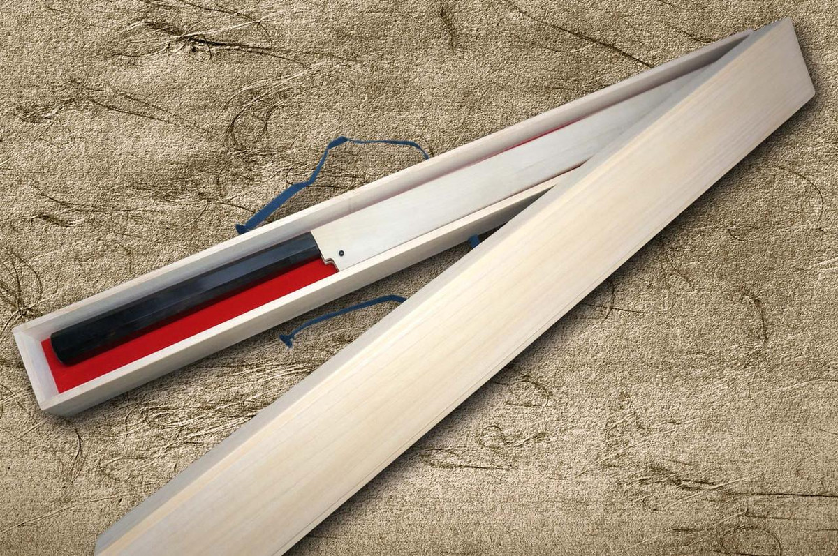 Sakai Takayuki KEISHOURYU Gold Dragon Engraving Japanese Chef's Tuna-Kiri 600mm Tokujyo Supreme (White 2 steel) with Water Buffalo Ebony Handle and Saya Sheath 