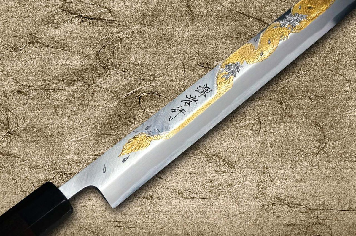 Sakai Takayuki KEISHOURYU Gold Dragon Engraving Japanese Chef's Tuna-Kiri 600mm Tokujyo Supreme (White 2 steel) with Water Buffalo Ebony Handle and Saya Sheath 