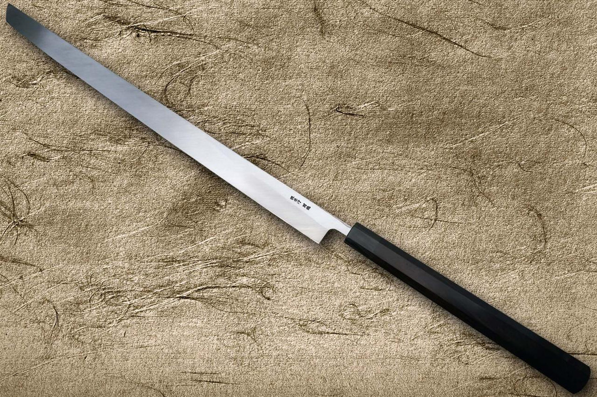 Sakai Takayuki KEISHOURYU Gold Dragon Engraving Japanese Chef's Tuna-Kiri 600mm Tokujyo Supreme (White 2 steel) with Water Buffalo Ebony Handle and Saya Sheath 