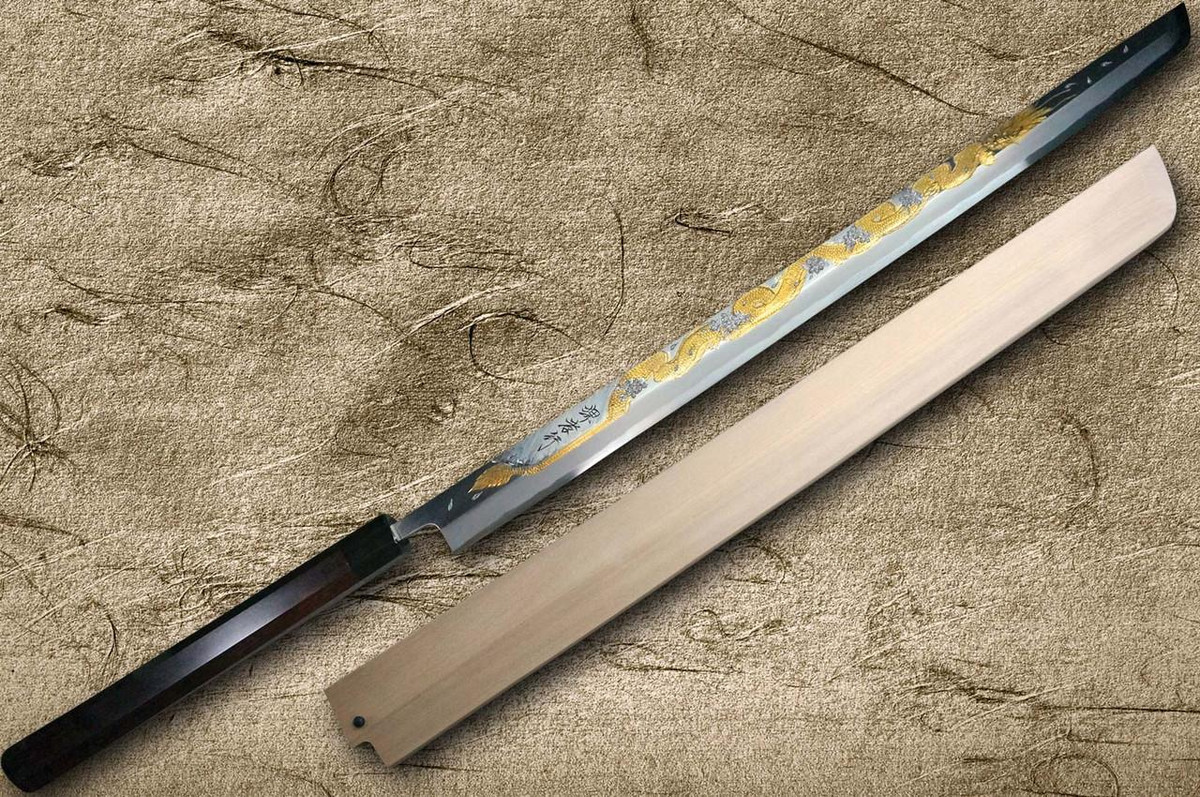 Sakai Takayuki KEISHOURYU Gold Dragon Engraving Japanese Chef's Tuna-Kiri 600mm Tokujyo Supreme (White 2 steel) with Water Buffalo Ebony Handle and Saya Sheath 