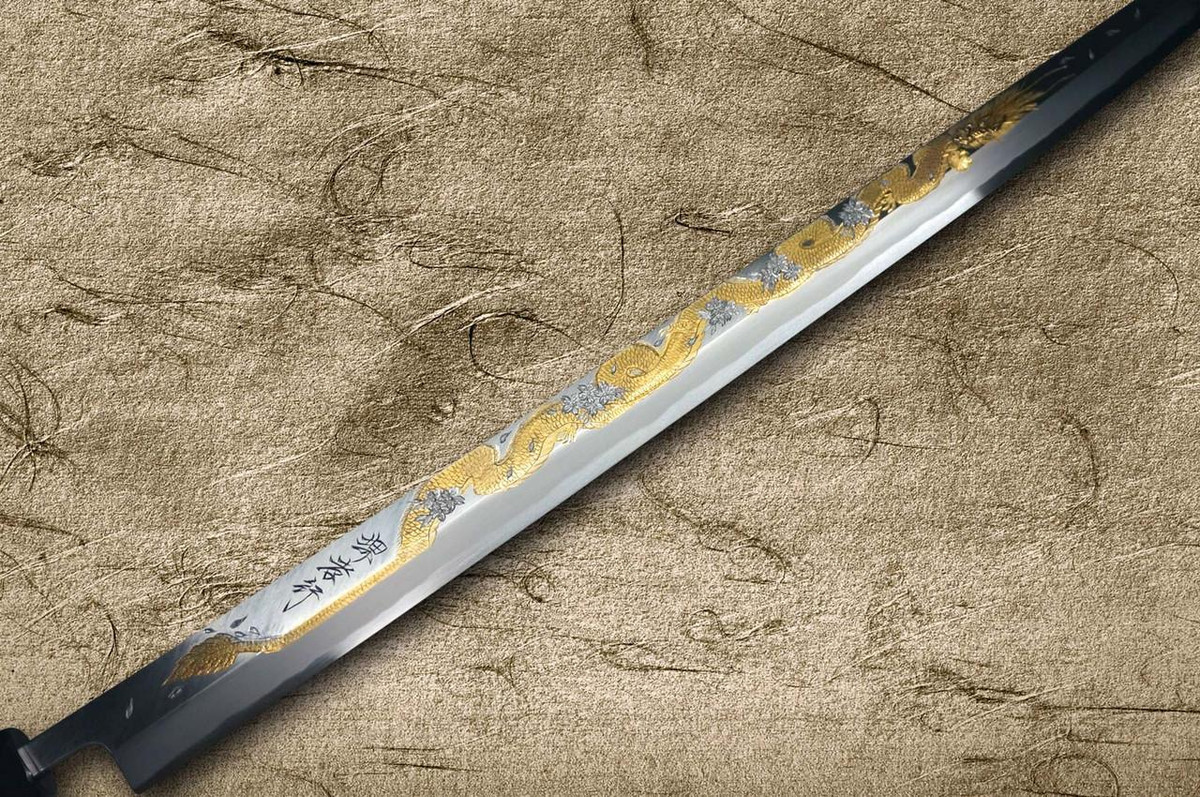 Sakai Takayuki KEISHOURYU Gold Dragon Engraving Japanese Chef's Tuna-Kiri 600mm Tokujyo Supreme (White 2 steel) with Water Buffalo Ebony Handle and Saya Sheath 