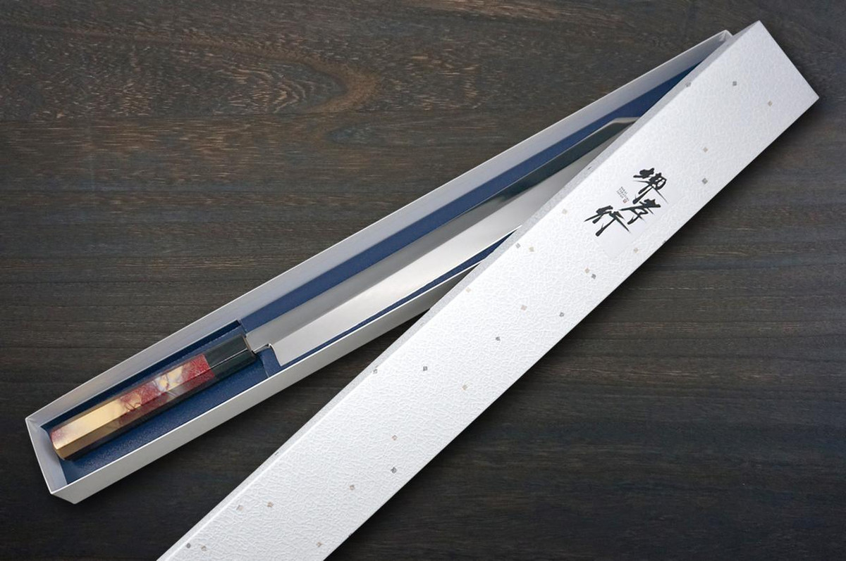 Sakai Takayuki ZANGETSU Honyaki Ginsan Japanese Chef's Whole-Mirrored Kengata-Yanagiba(Sashimi) 360mm with Artistic RINKA Handle 