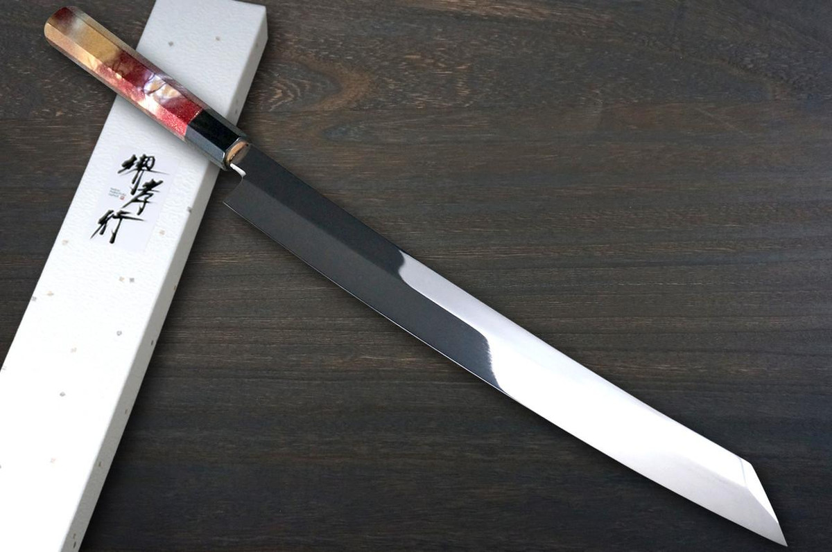 Sakai Takayuki ZANGETSU Honyaki Ginsan Japanese Chef's Whole-Mirrored Kengata-Yanagiba(Sashimi) 360mm with Artistic RINKA Handle 