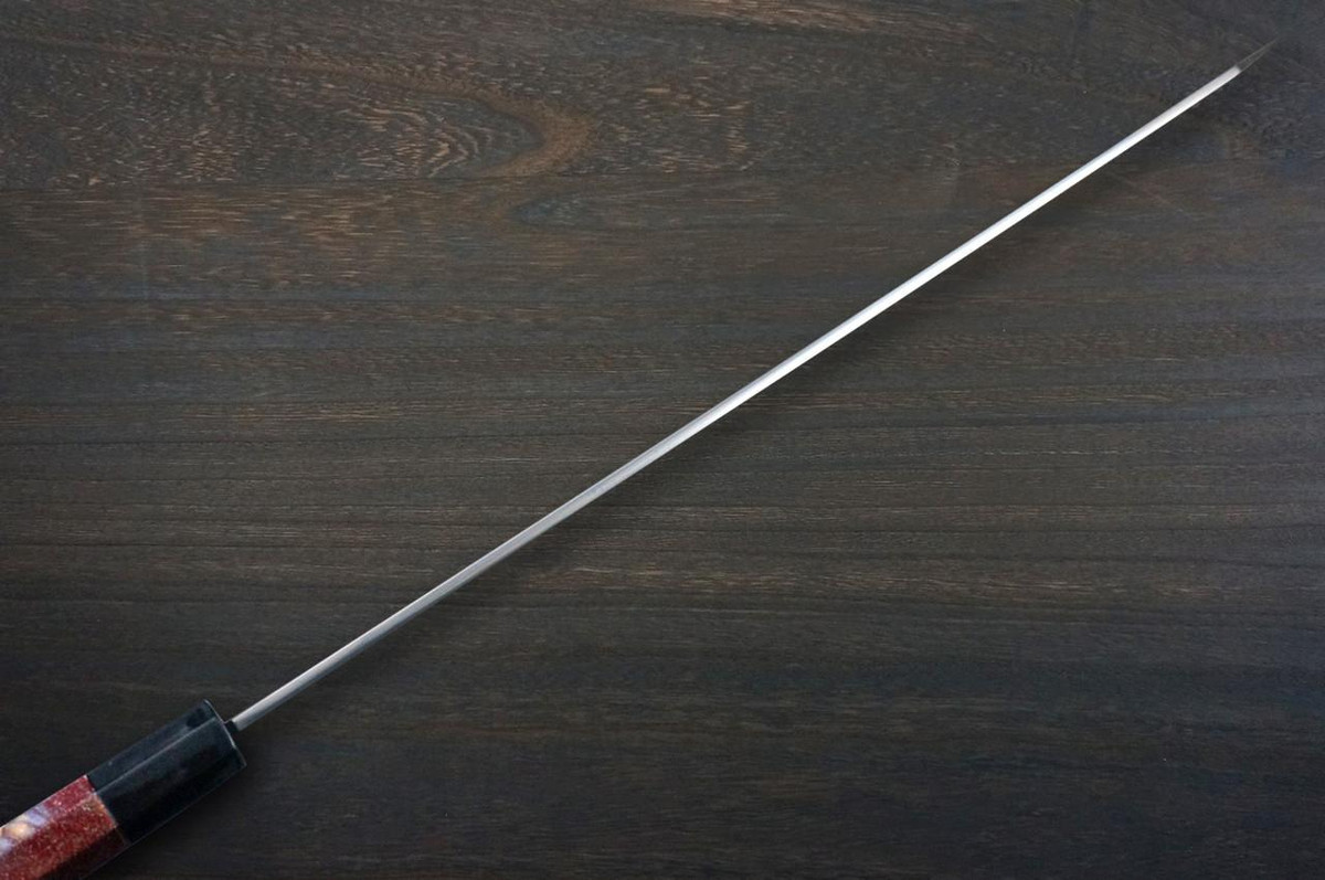 Sakai Takayuki ZANGETSU Honyaki Ginsan Japanese Chef's Whole-Mirrored Kengata-Yanagiba(Sashimi) 360mm with Artistic RINKA Handle 