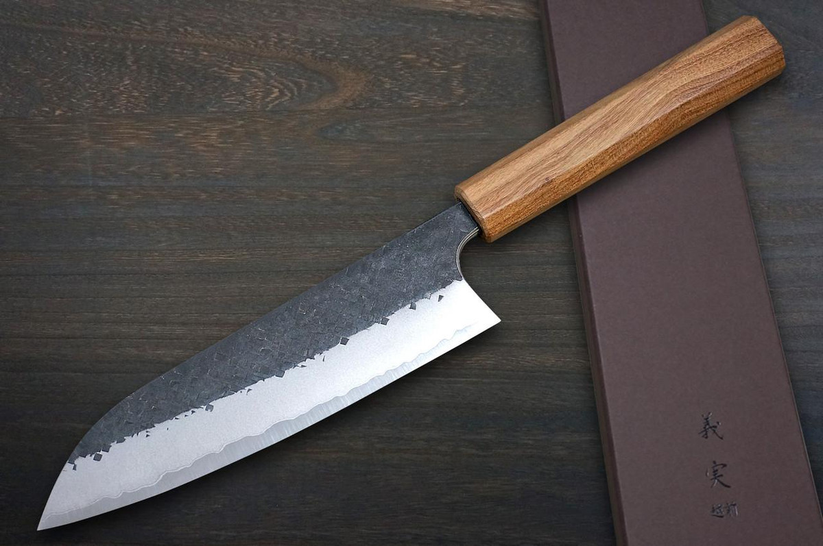 Yoshimi Kato Aogami Super Kurouchi Hammered OL8N Japanese Chef's Santoku Knife 170mm with Olive Handle 