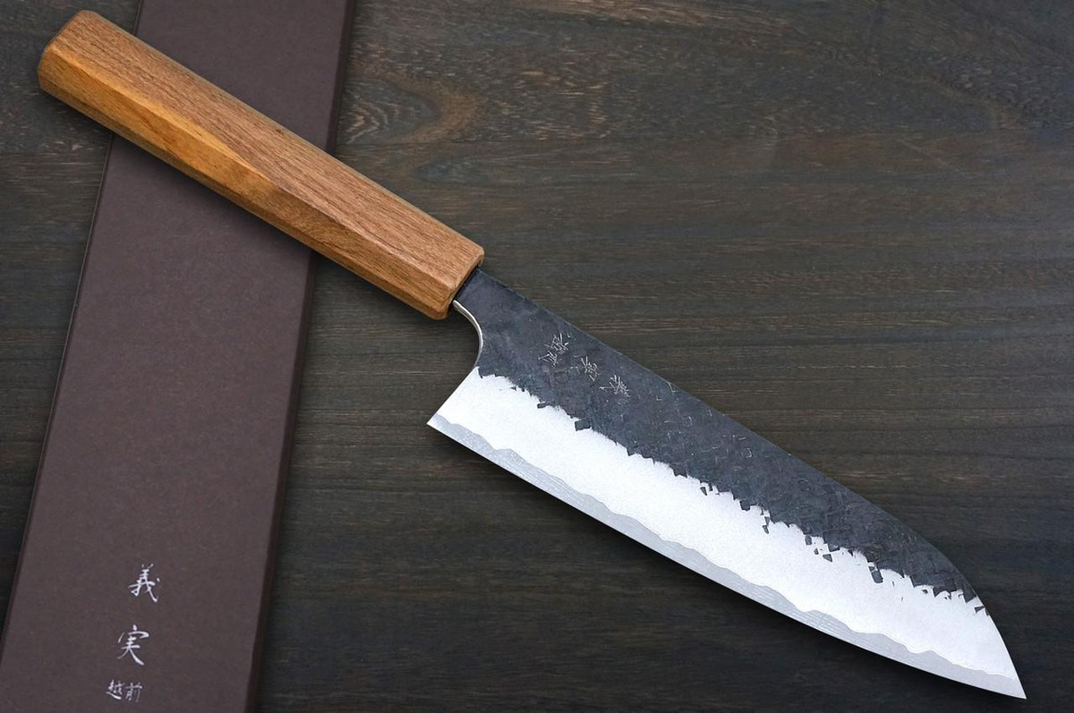 Yoshimi Kato Aogami Super Kurouchi Hammered OL8N Japanese Chef's Santoku Knife 170mm with Olive Handle 