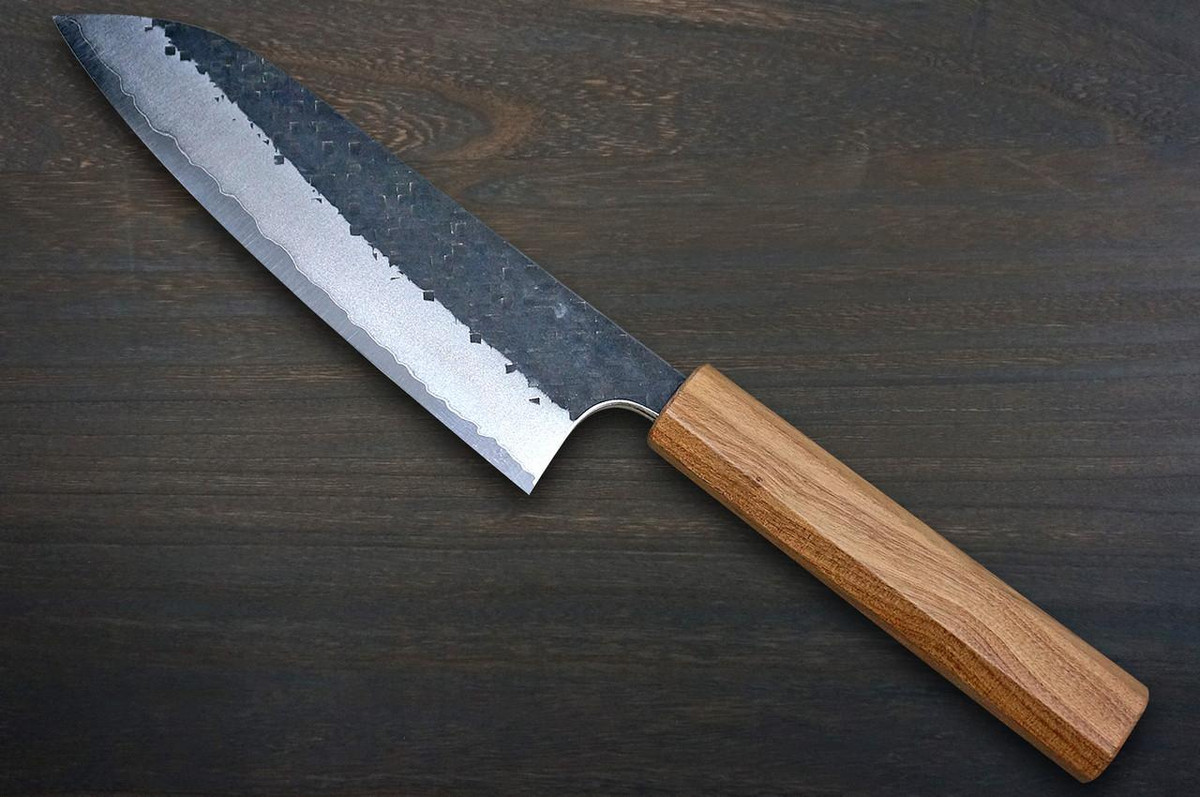 Yoshimi Kato Aogami Super Kurouchi Hammered OL8N Japanese Chef's Santoku Knife 170mm with Olive Handle 