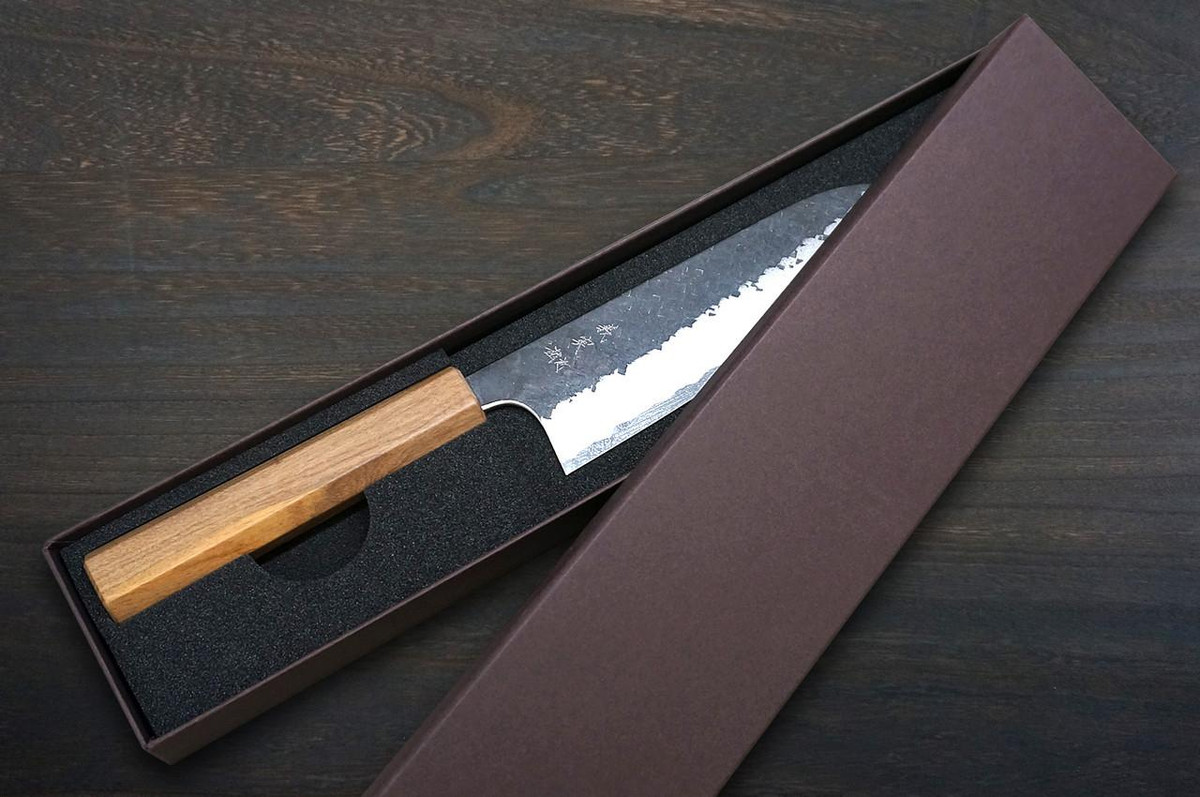Yoshimi Kato Aogami Super Kurouchi Hammered OL8N Japanese Chef's Santoku Knife 170mm with Olive Handle 