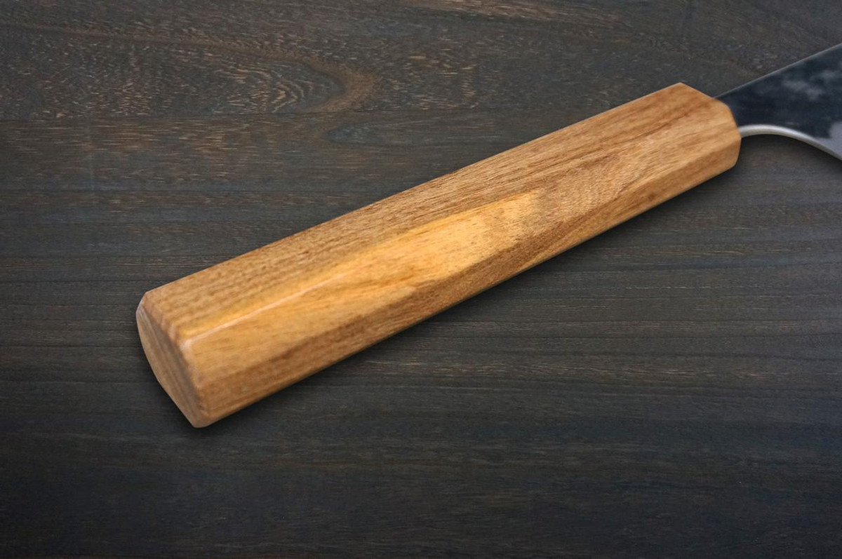 Yoshimi Kato Aogami Super Kurouchi Hammered OL8N Japanese Chef's Santoku Knife 170mm with Olive Handle 