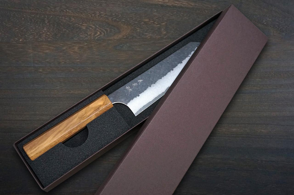 Yoshimi Kato Aogami Super Kurouchi Hammered OL8N Japanese Chef's Bunka Knife 170mm with Olive Handle 